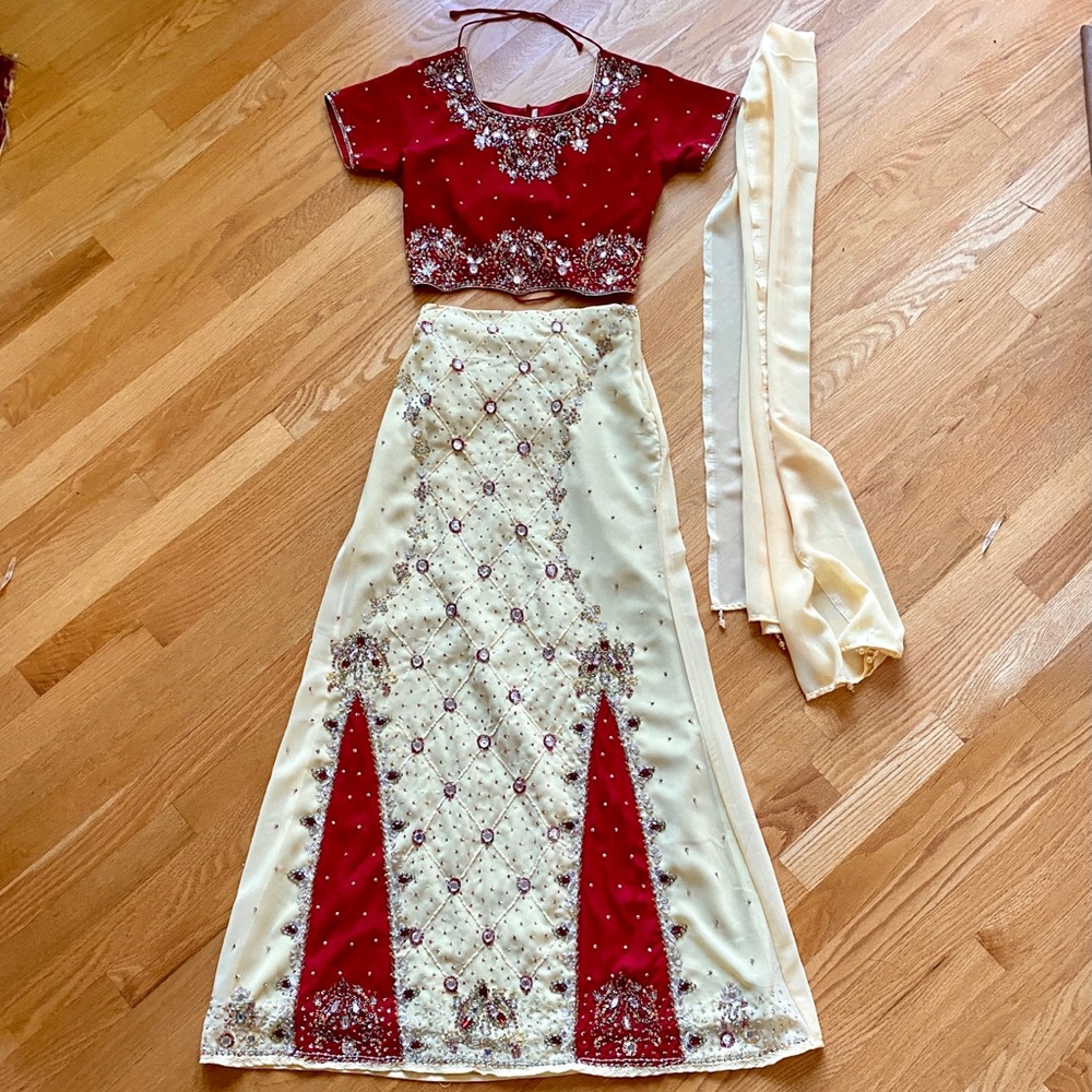 Red and cream lehenga choli Indian Desi Pakistani embroidered party traditional
